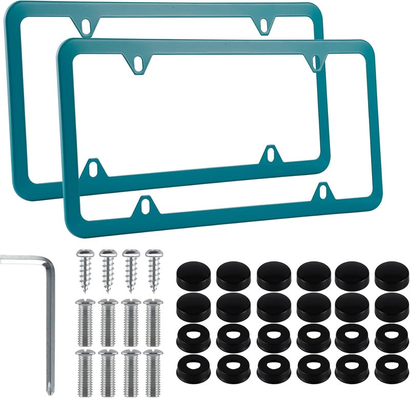 alpmosn 2PCS Stainless Steel License Plate Frames, 4 Holes Car Licence Plate Covers with Screws Washers and Caps, Car Exterior Accessories, License Plate Holder for US Vehicles (Green) - Image 1